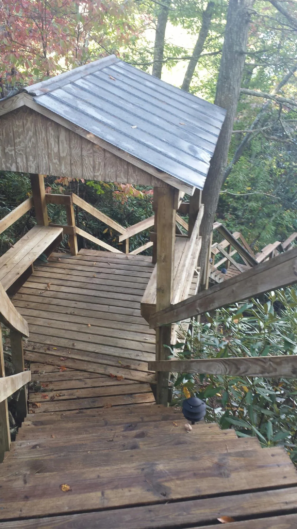 Metal roofed shelter over wooden steps on a wooded walkway — Skylight Repair & Installation work by our crew in Spring Arbor